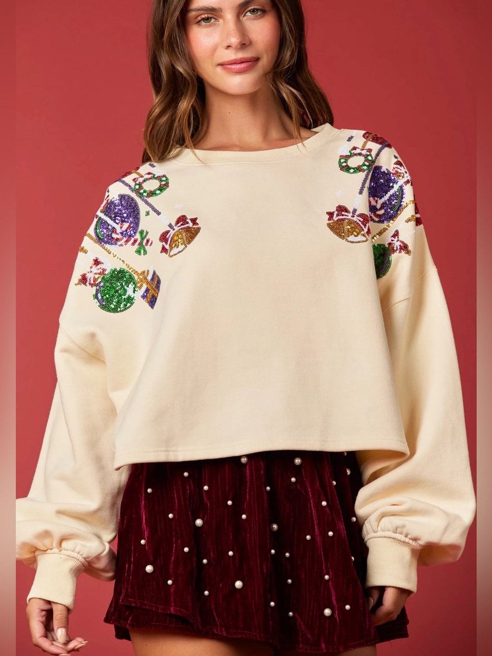 Sequin Christmas Ornament Crop Sweatshirt by Peach Love California in Cream. L